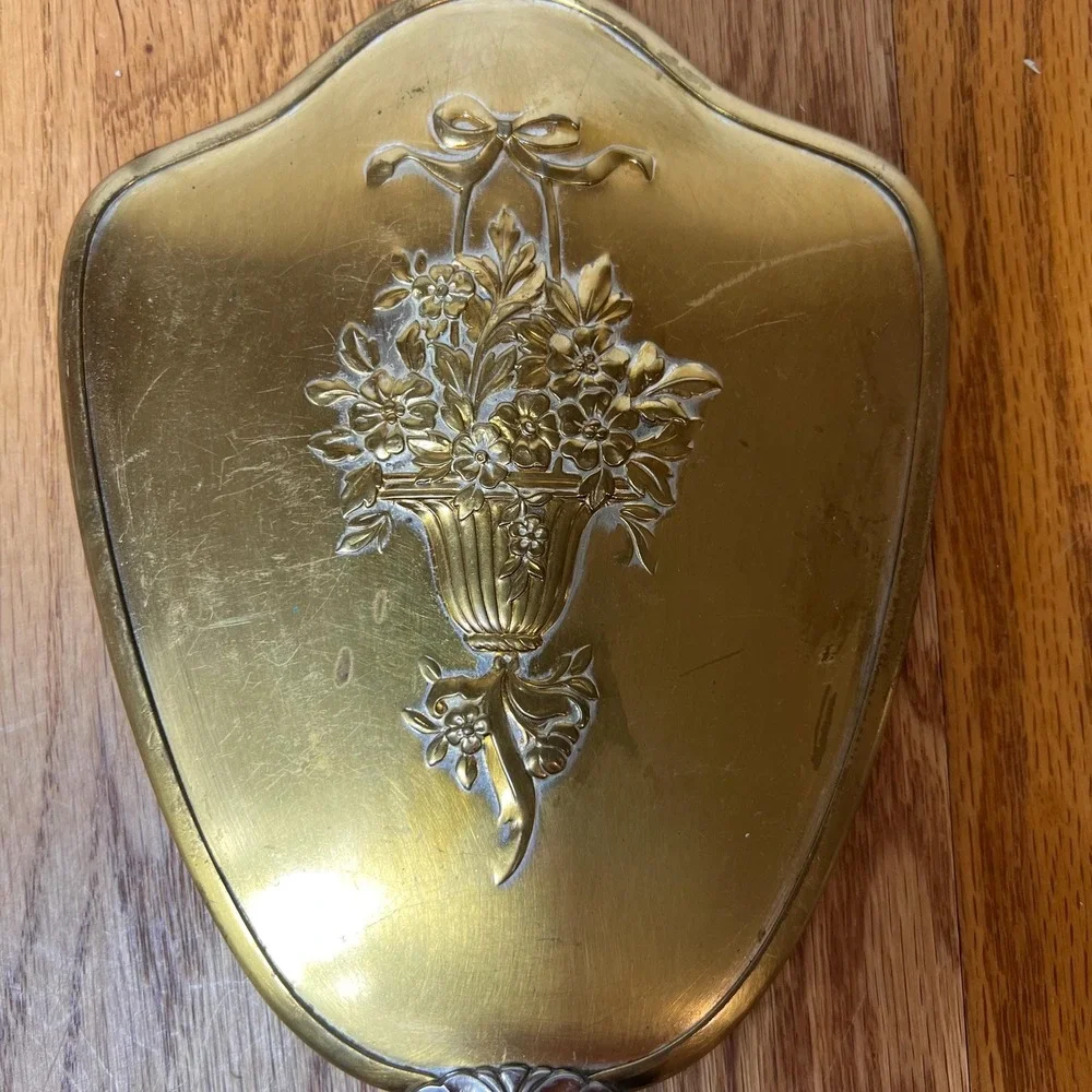Vintage Hand Mirror Brass Floral Vanity Mirror Ornate Flower Basket Boudoir Dec